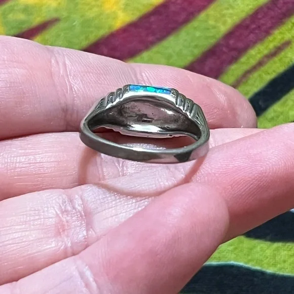 VTG Blue Fire Opal Inlay Sterling Silver 925 Artisan Made Size 8 3/4 Ring - Picture 5 of 6